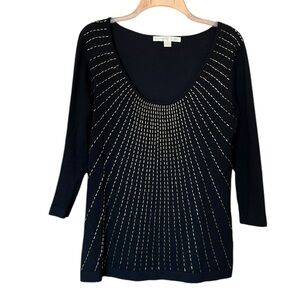 Boston Proper Black Scoop Neck Gold Beaded Spray 3/4 Sleeve Sweater Women's S